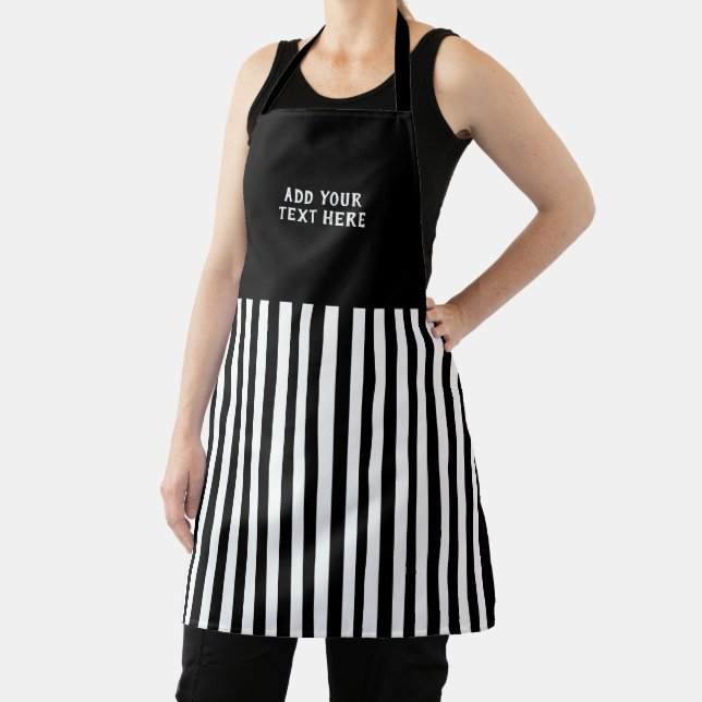 Custom text black white striped  apron (Insitu)