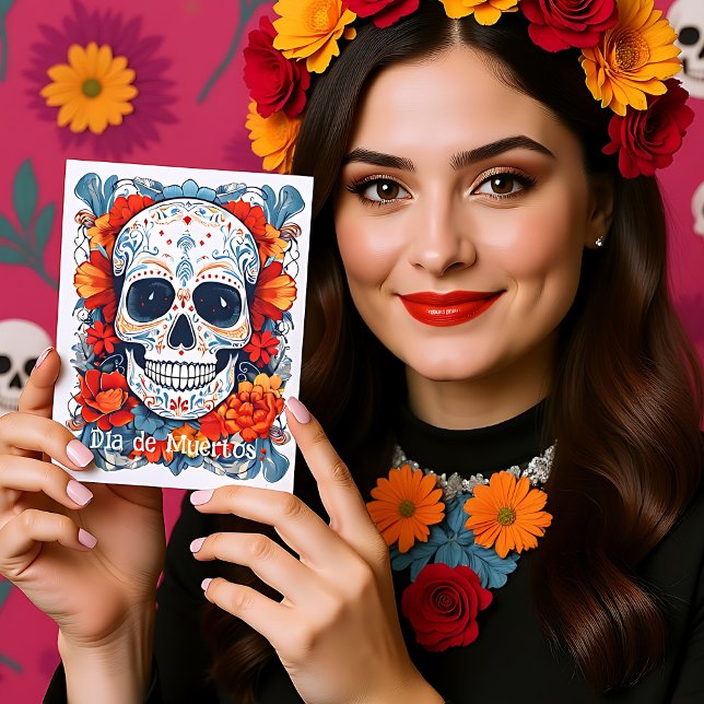 Custom text blue and red Día de Muertos Holiday Postcard (Custom text blue and red Día de Muertos Holiday Postcard)