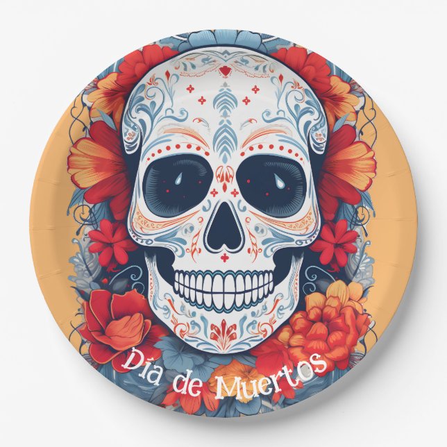 Custom text blue and red Día de Muertos Paper Plate (Front)