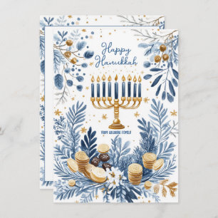 Custom text Blue Blossom Hanukkah Menorah Holiday Card