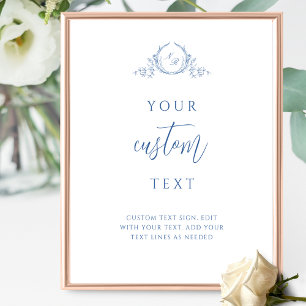 Custom Text, Blue Script Monogram Wedding Sign