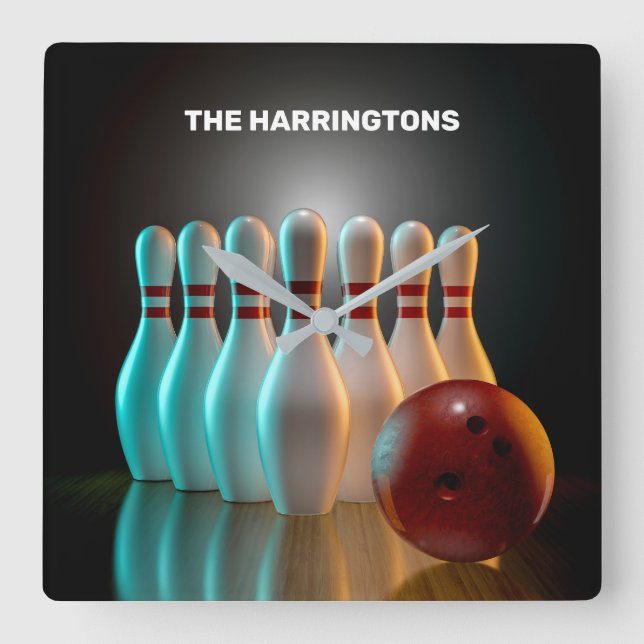 Custom Text Bowling Strike Square Wall Clock (Front)