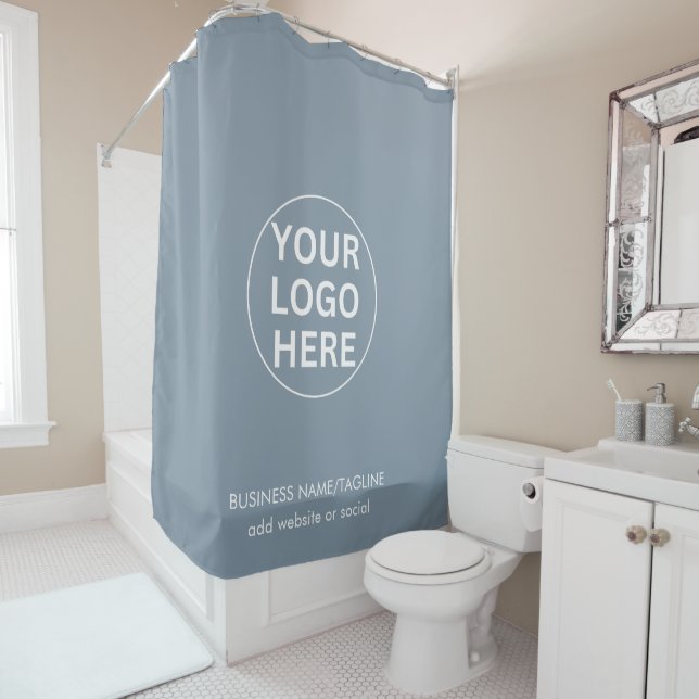 Custom Text & Business Logo Dusty Blue Branded Shower Curtain (In Situ)