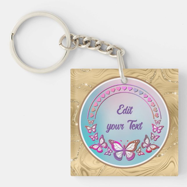 Custom Text, butterflies, and Heart love monogram Key Ring (Front)