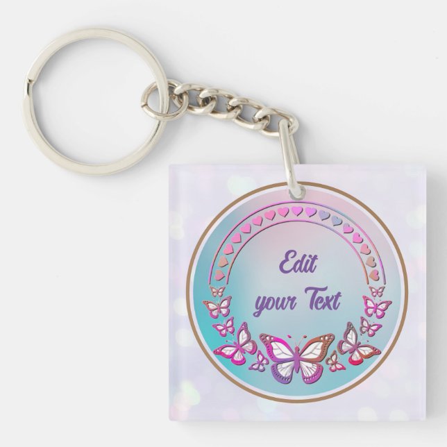 Custom Text, butterflies, and Heart love monogram Key Ring (Front)