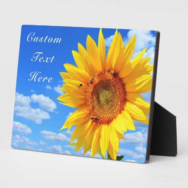 Custom Text Card - Sunflower and Bees on Blue Sky Plaque (Side)