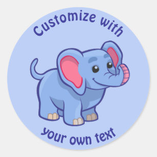 Custom Text Cartoon Elephant Blue Classic Round Sticker
