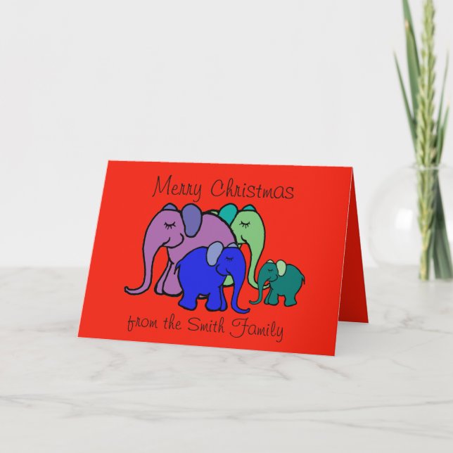 Custom Text Cartoon Elephant Family Christmas Holiday Card (Front)