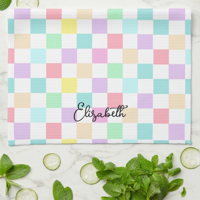 Custom Text chequered pastel colours Tea Towel (Folded)
