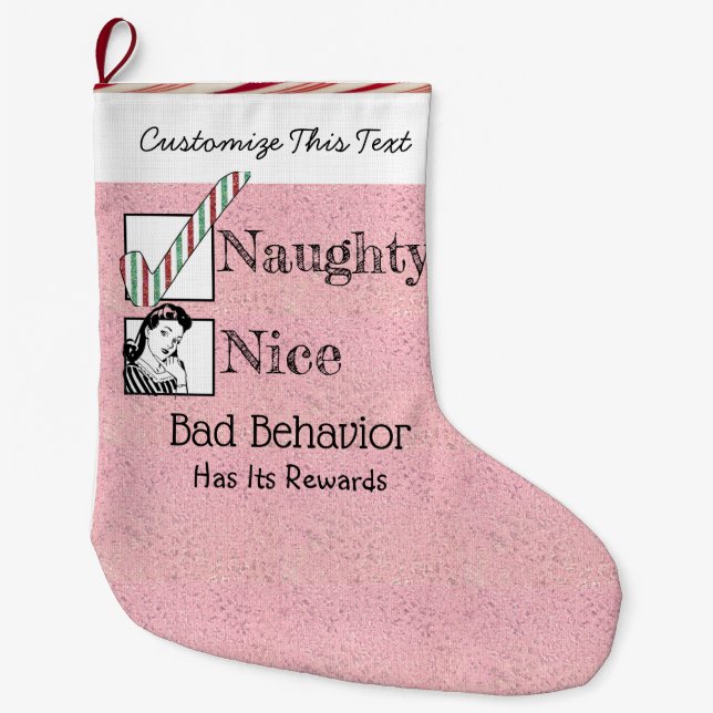 Custom Text/ Christmas Naughty Rose Gold Glitter Large Christmas Stocking (Front)
