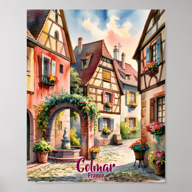 Custom Text Colmar Alsace France Watercolor Retro Poster (Front)