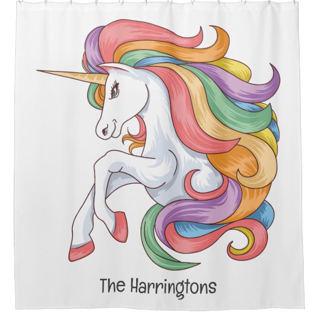 Custom Text & Colour Colourful Unicorn Shower Curtain (Front)