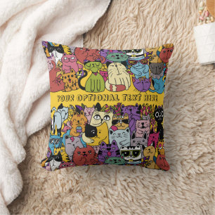 Custom Text & Colour Funny Cats Illustration Cushion