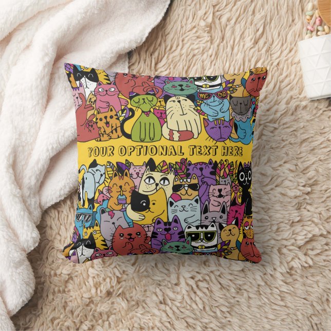 Custom Text & Colour Funny Cats Illustration Cushion (Blanket)