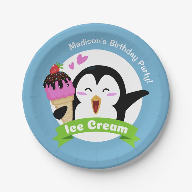 Custom text & colour Ice Cream Penguin paper Paper Plate (Front)