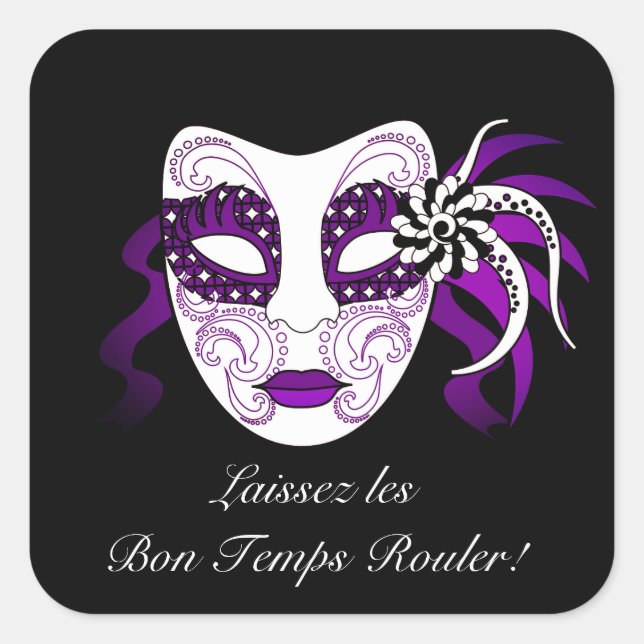 Custom Text & Colour Mardi Gras Party Mask Black Square Sticker (Front)