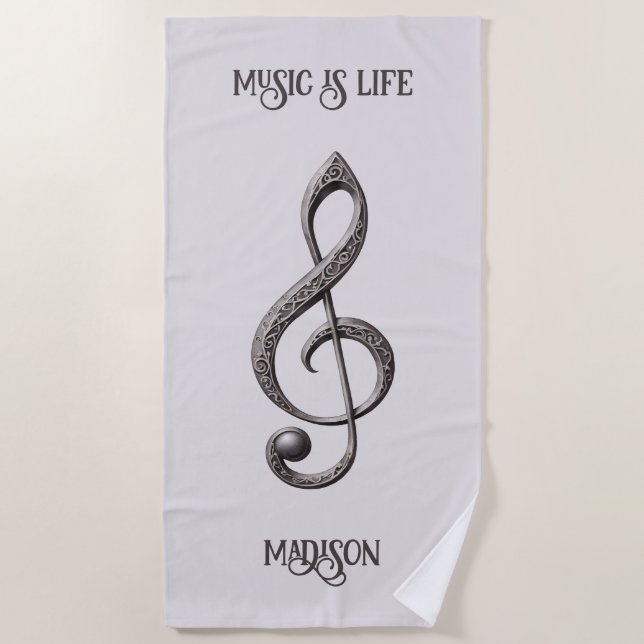 Custom Text  & Colour Musical Clef Note Beach Towel (Front)