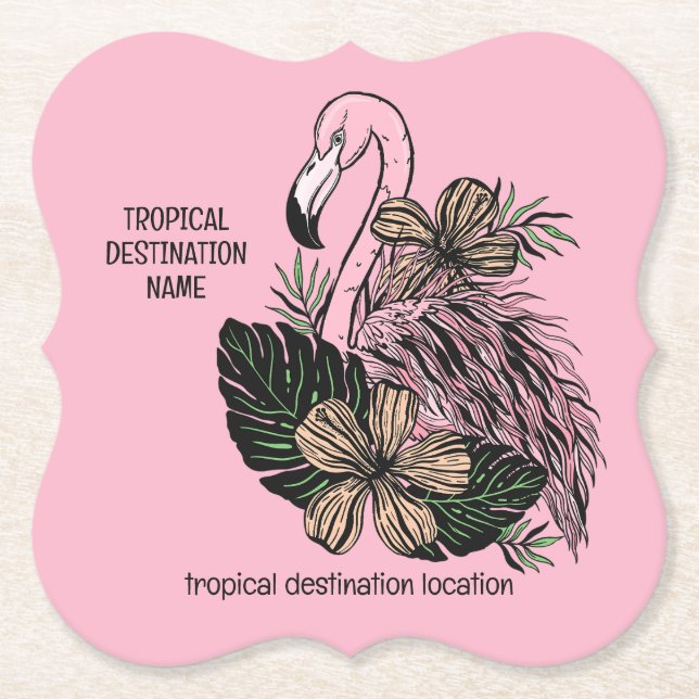 Custom Text & Colour Pink Flamingo Paper Coaster (Front)