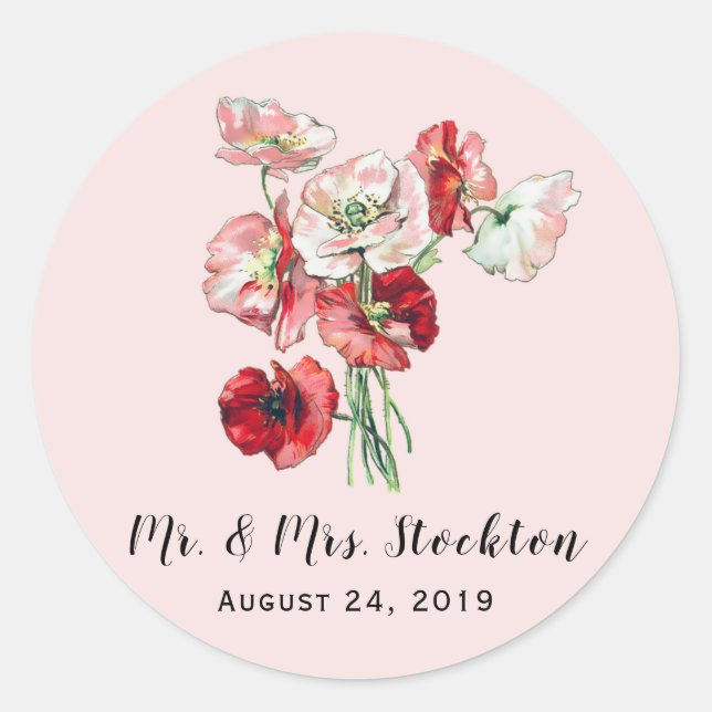 Custom Text & Colour Red/Pink Poppies Wedding Posy Classic Round Sticker (Front)