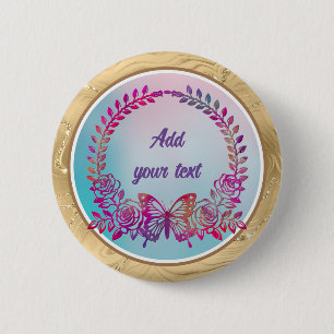 Custom Text, Colourful Butterfly and Flower 6 Cm Round Badge