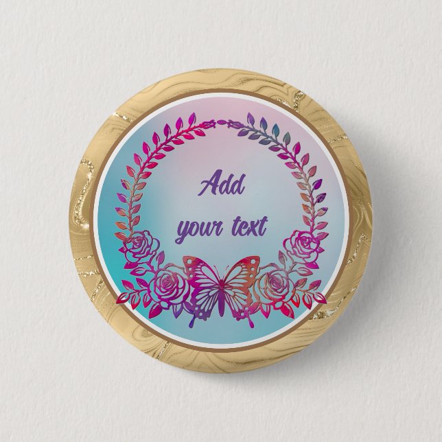 Custom Text, Colourful Butterfly and Flower 6 Cm Round Badge (Front)