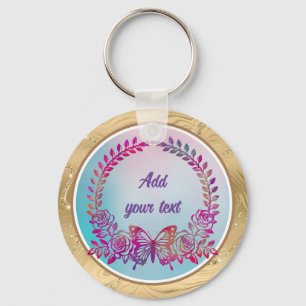 Custom Text, Colourful Butterfly and Flower Key Ring