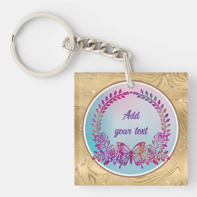 Custom Text, Colourful Butterfly and Flower Key Ring (Front)