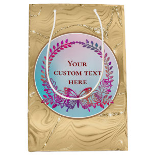 Custom Text, Colourful Butterfly and Flower Medium Gift Bag