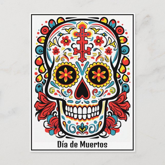 Custom text 💀 colourful doodle Día de Muertos Postcard (Front)