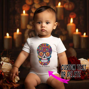 Custom text colourful sugar skull  Día de Muertos Baby Bodysuit