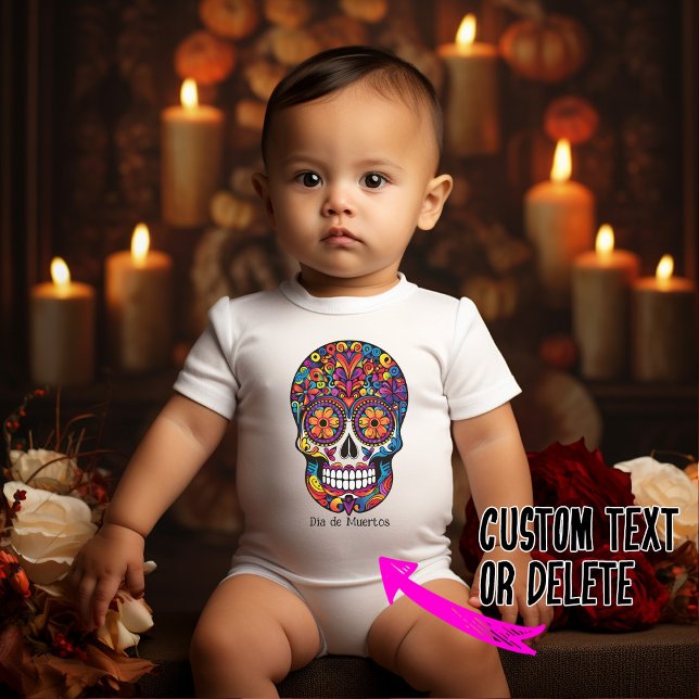 Custom text colourful sugar skull  Día de Muertos Baby Bodysuit (Colorful Calavera skull with vibrant floral elements, custom text or delete)