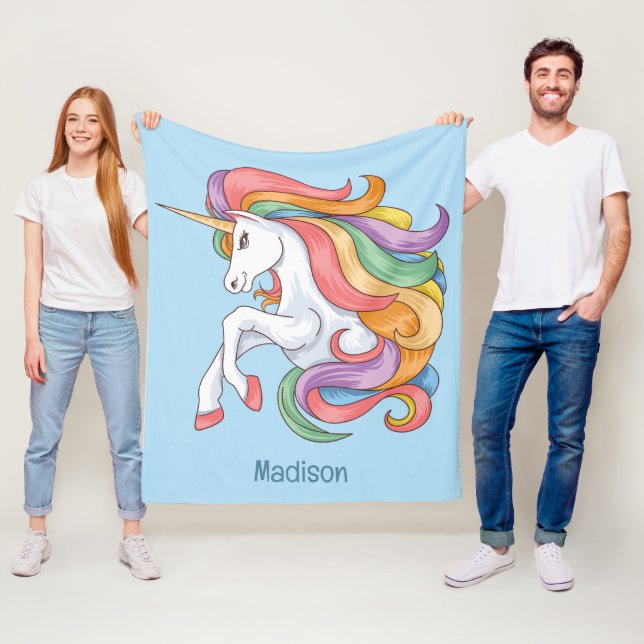 Custom Text Colourful Unicorn Fleece Blanket (In Situ)