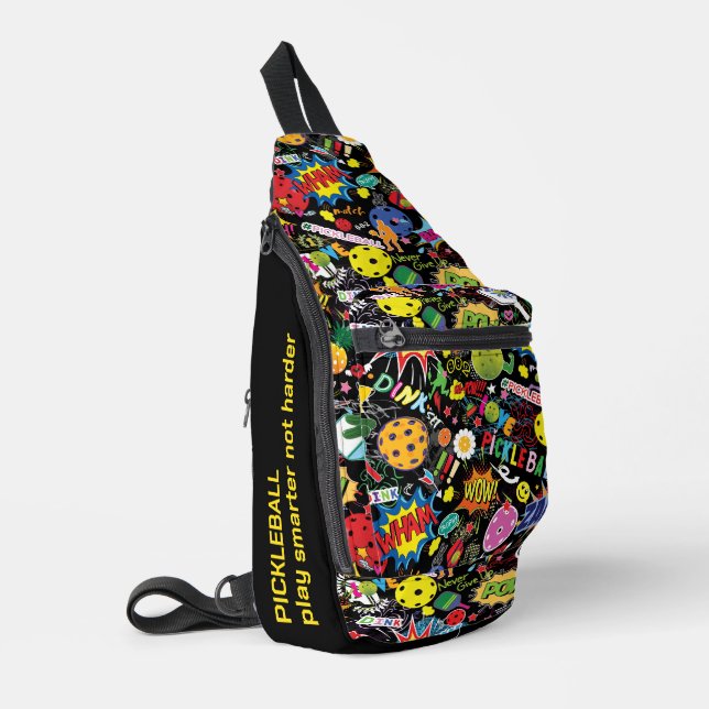 Custom text Cool Zing pickleball doodle black Sling Bag (Left Corner)