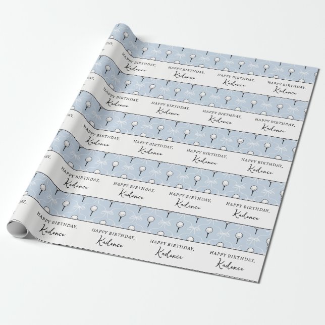 Custom Text Cute Blue White Bow Golf Pattern Wrapping Paper (Unrolled)