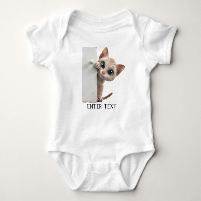 Custom Text Cute Cat Peeking Baby Bodysuit (Front)
