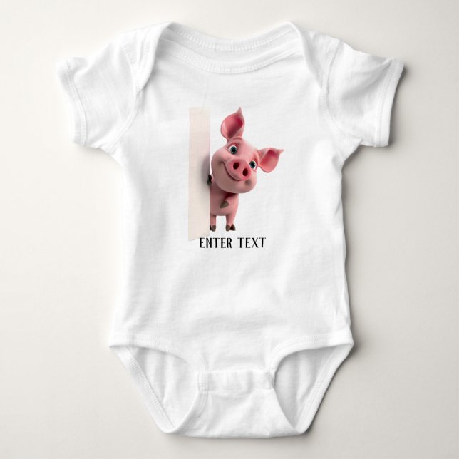 Custom Text Cute Pig Peeking Baby Bodysuit (Front)