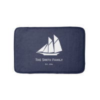 Custom Text Dark Blue and White Nautical Bath Mat