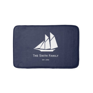 Custom Text Dark Blue and White Nautical Bath Mat