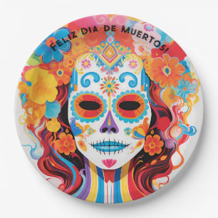 Custom text Dia de Muertos La Calavera Catrina Paper Plate