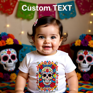 Custom text Dia de Muertos Sugar skull  Baby T-Shirt