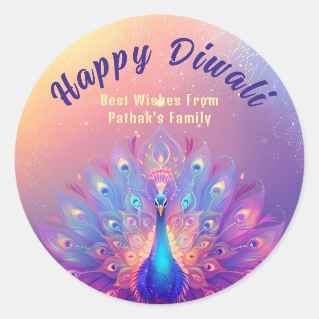 Custom text, Diwali Peacock Splendour Classic Round Sticker (Front)