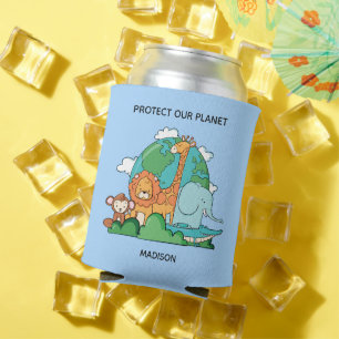 Custom Text Earth with Animals Can Cooler