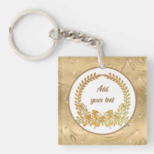 Custom Text, Elegant Gold Butterfly and Flower Key Ring