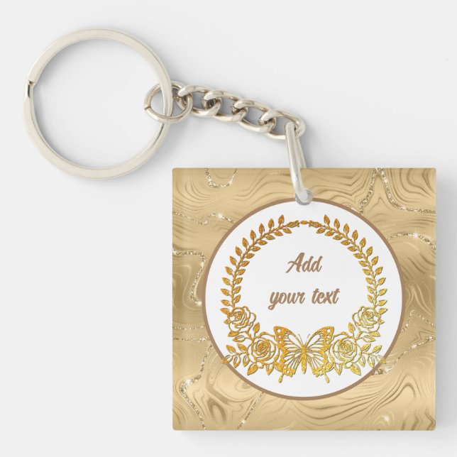 Custom Text, Elegant Gold Butterfly and Flower Key Ring (Front)