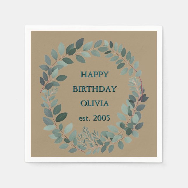 Custom text eucalyptus Frame Napkin – mocha brown (Front)