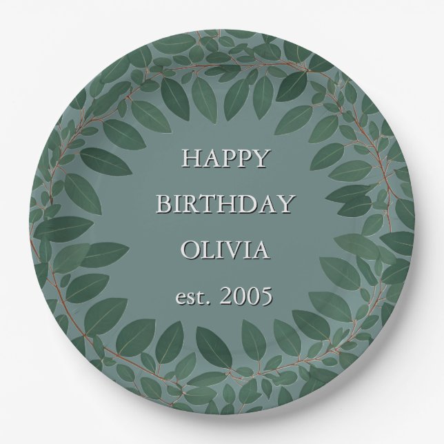 Custom text eucalyptus Frame – retro blue Paper Plate (Front)