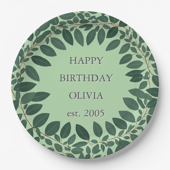 Custom text eucalyptus Frame – sage green Paper Plate (Front)