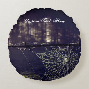 Custom Text/ Fall Spooky Forest Creepy Spider Web Round Cushion