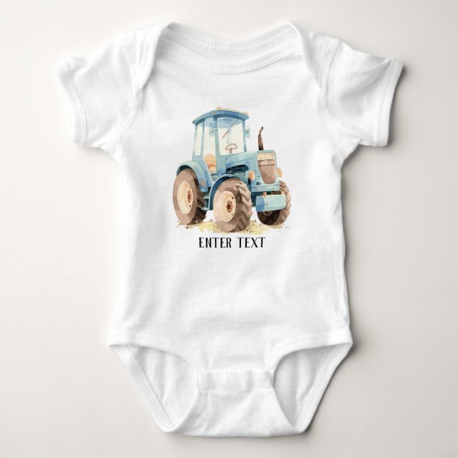 Custom Text Farm Tractor Watercolor Baby Bodysuit (Front)