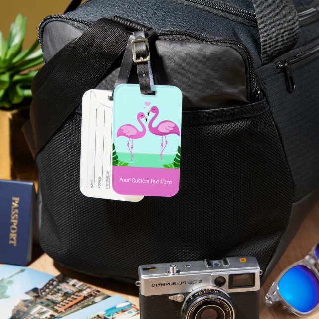 Custom Text Flamingo Love Luggage Tag (Front & Back)